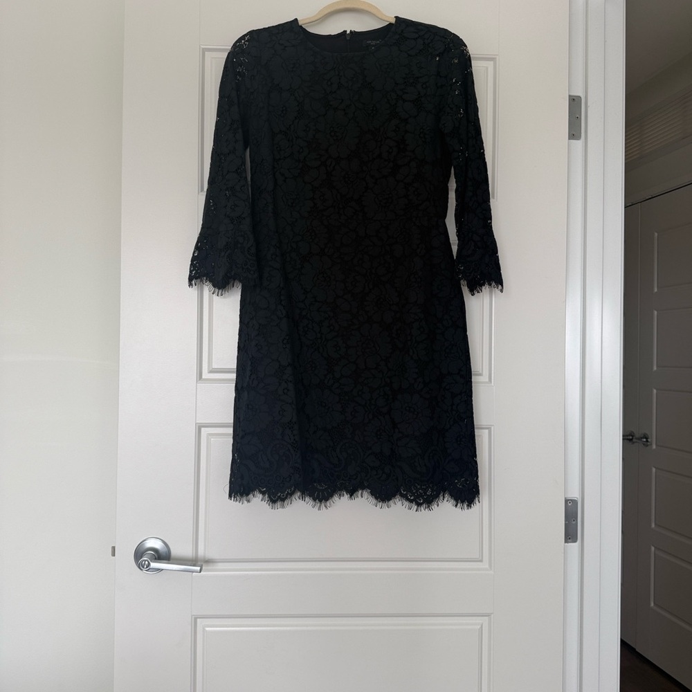 Ann Taylor Black Eyelash Lace Peplum Sleeve Dress